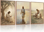 KAlRNE Vintage Christian Framed Canvas Wall Art Set of 3(24”X36”),Jesus Bible Story Wall Decor,Spiritual Religious God Painting,Neutral Inspirational Beige Art Prints For Living Room Bedroom Church