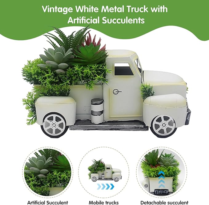 Farmhouse Metal Truck Decor with Artificial Succulents - Rustic Iron Pickup Truck with Removable Faux Succulent Planter for Entryway, Living Room, Coffee Bar Tabletop Decoration