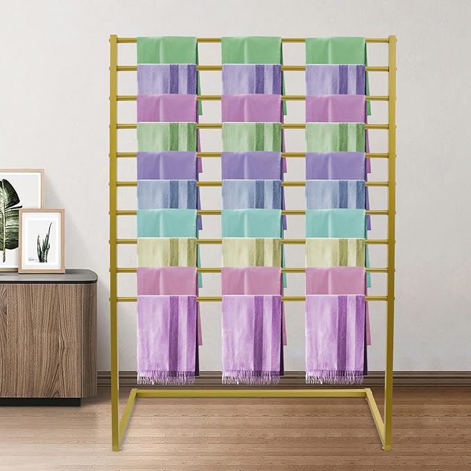 10 Tier Metal Scarf Organizer Holder, Freestanding Scarf Rack, Scarf Holder Organizer for Commercial Clothing Retail Store Towel Rack Ties Belt Pants Hanging (Gold, 39.37 * 15.75 * 57.09in)