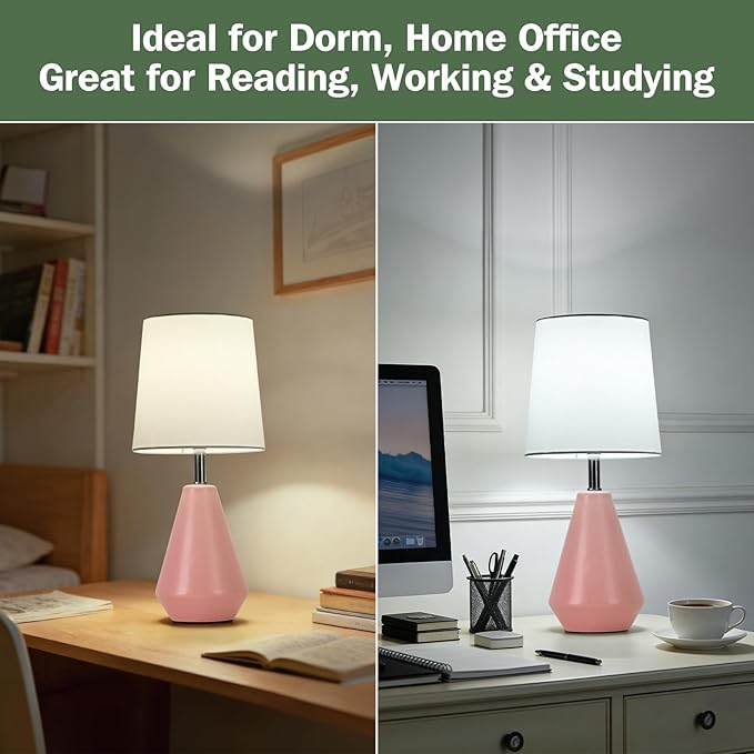 Small Bedside Table Lamp for Bedroom - Reading Desk Lamp with 3 Color Temperatures，15.5" Nightstand Ceramic Lamp with Fabric Shade for Kids Room,Living Room,Dorm,Home Office (Pink+White)