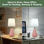 Small Bedside Table Lamp for Bedroom - Reading Desk Lamp with 3 Color Temperatures，15.5" Nightstand Ceramic Lamp with Fabric Shade for Kids Room,Living Room,Dorm,Home Office (Pink+White)