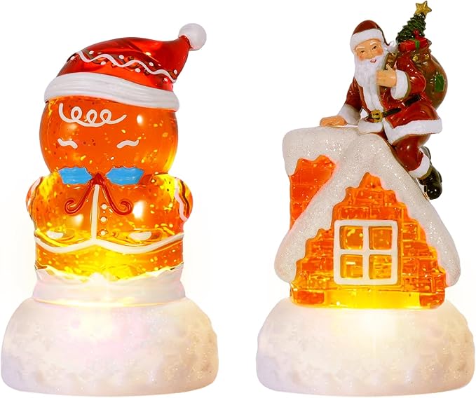 2 Pack Christmas Snow Globes Gingerbread Man and Santa with 8 Songs Music and 6H Timer USB & Battery Powered Snow Water Globe Swirling Glitter for Holiday Decorations Gifts (Gingerbread Man and Santa)