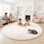 OLANLY Ivory Round Rugs for Bedroom - Machine Washable, 6 ft Circle Area Rugs for Living Room, Soft and Fluffy Shaggy Carpet for Teen Girls and Boys, Nursery Rooms, Dorms, Home Decor Aesthetic
