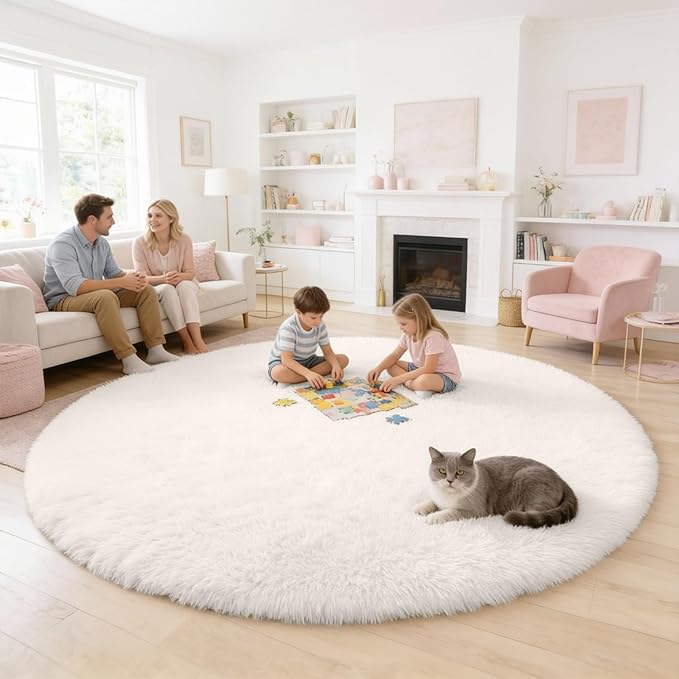 OLANLY Ivory Round Rugs for Bedroom - Machine Washable, 7 ft Circle Area Rugs for Living Room, Soft and Fluffy Shaggy Carpet for Teen Girls and Boys, Nursery Rooms, Dorms, Home Decor Aesthetic