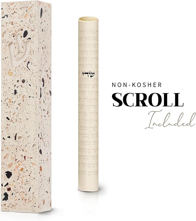SURI Mezuzah Case – 5 Inch Terrazzo Cream and Pink Concrete Jewish Door Mezuza Cover with Printed Scroll, Self-Stick Adhesive, Fits a 4 Inch Scroll, Gift Box Included