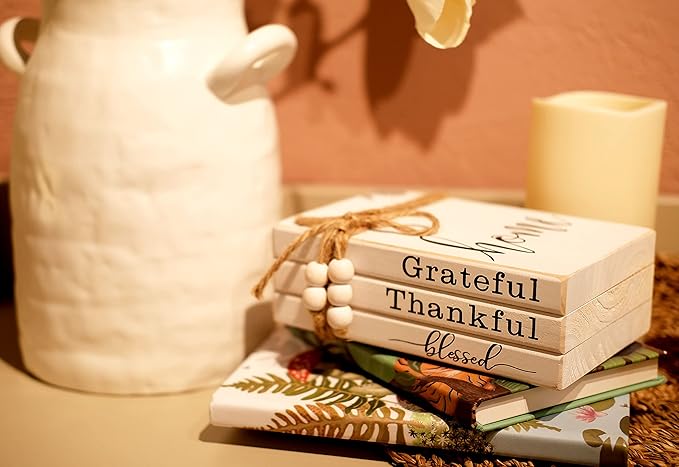 LIVDUCOT Wooden Farmhouse Decor Faux Book Stack (Set of 3 for Coffee Tables and Shelves) | Grateful, Thankful, Blessed Home Sign, 5.5' x 7' x 2.5'