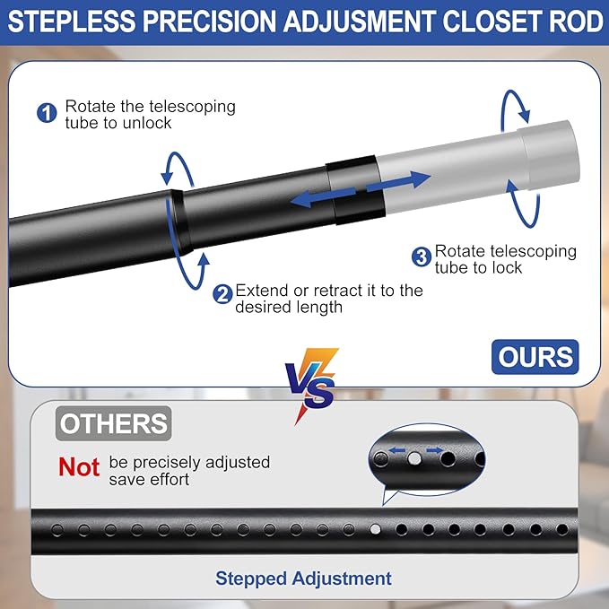 Closet Rods for Hanging Clothes with Screwdriver, 17 to 28 Inch Stepless Adjustable Closet Rod Heavy Duty, 1.3 Inch Clothes Hanging Rod Metal Closets Pole Bar for Wardrobes Laundry Bathroom RV, Black