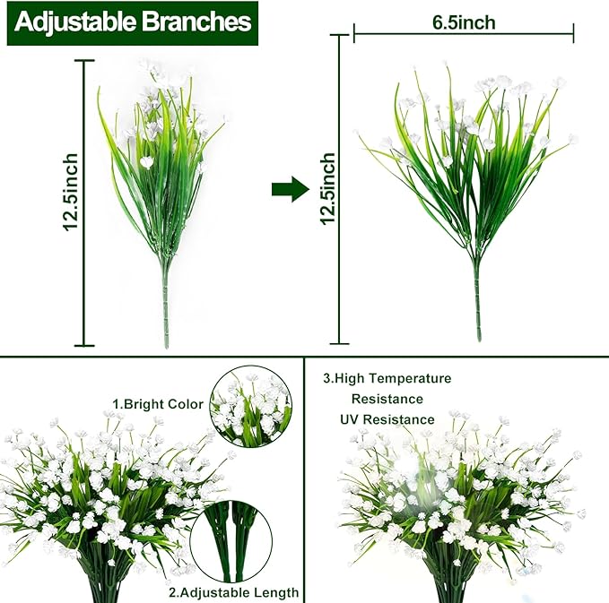 12 Bundles Artificial Flowers for Outdoors Spring Decor, Realistic UV Resistant Fake Plants Faux Plastic Flowers for Outside Planter Home Gardens Patio Porch Yards Cemetery Summer Decor(White)