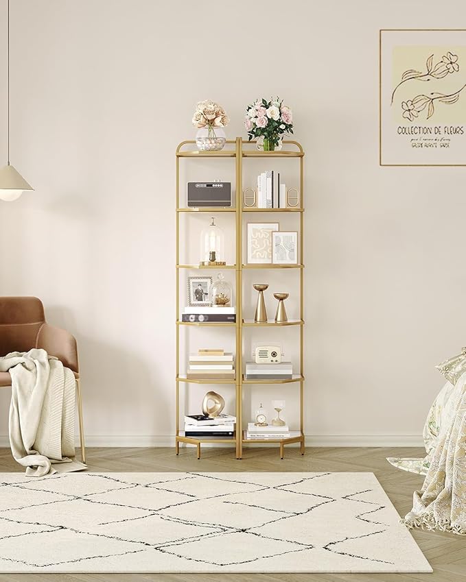 Hzuaneri Corner Shelf Stand, 6-Tier Glass Bookshelf Bookcase, Bathroom Organizer, Plant Stand, Steel Frame, Tempered Glass, Modern Style for Living Room, Bathroom, Kitchen, Golden CS90600G