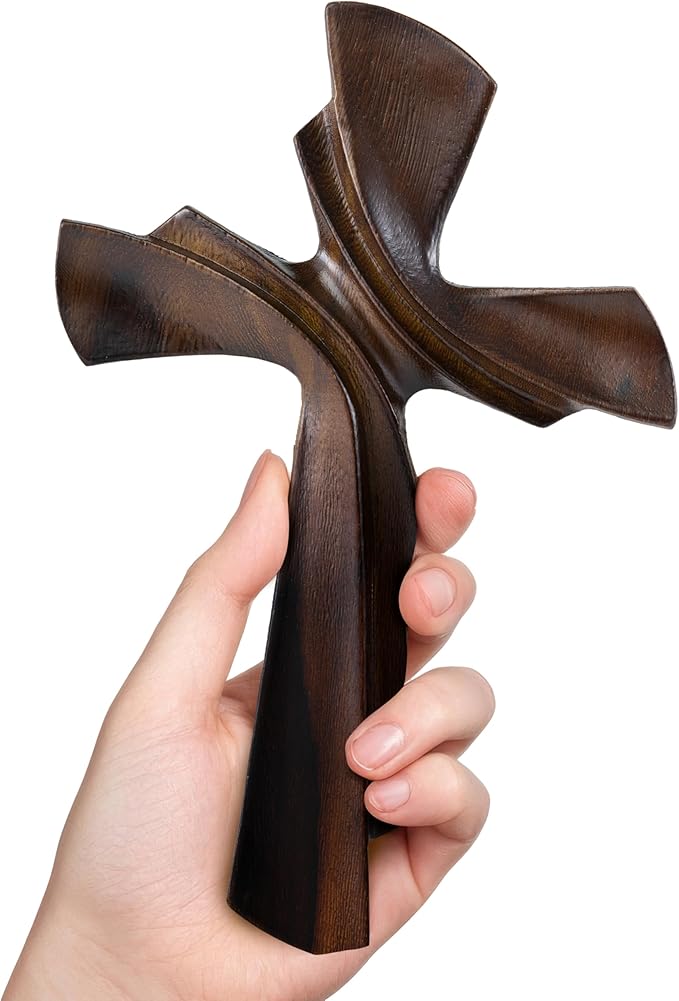DAICAT - Hand-Carved Wooden Cross 9.8” – Christian Wall Decor for Easter, Baptism Gift, Unique Religious Gift for Mom, Sister, Teen Boy (No 1)
