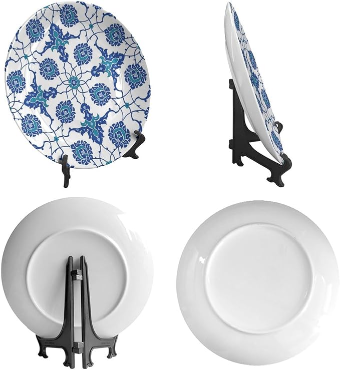 Turkish Decorative Plate Stand, 8 Inch, Blue Flower Round Display Plate, Table Top Plate Decor with Stand, for Kitchen Living Room Office Countertop Decor