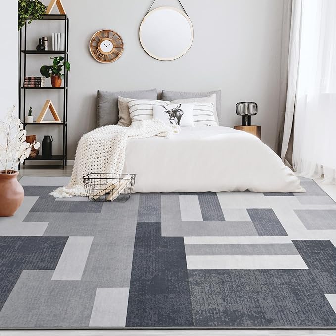 FlyDOIT Modern Geometric Patchwork Area Rug, 5x8 Gray Large Rugs for Living Room, Rockwood Collection Indoor Rugs for Bedroom, Throw Carpet Floor Decor for Entryway Dining Room Office Dorm Nursery