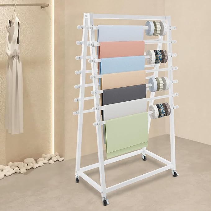 15 Tier Ribbon Holder Organizer Rack, Movable Scarf Towel Holder, Double-Sided Scarf Rack with Lockable Wheels, Floor Standing Ribbon Organizer for Craft Room Cake Shop Flower Store (White)