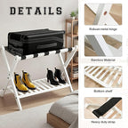 Bamboo Luggage Rack with Shoe Shelf Folding Suitcase Stand with 5 Heavy-Duty Straps for Guest Room Living Room Hotel Ideal Luggage Holder for Suitcases Bags Shoes,White