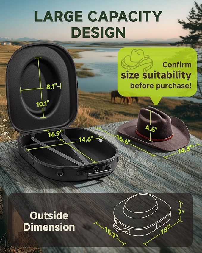 Cowboy Hat Box, Cowboy Hat Case for Travel, Crush Proof Storage for Western/Panama/Fedora, Carrier with Adjustable Shoulder Strap & Brush