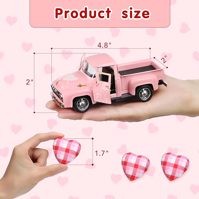 Valentine’s Day Metal Farm Truck with 2 Hearts, Valentines Decorations Vintage Love Romantic Tiered Tray Decor Mini Diecast Pickup Truck Model for Tabletop Shelf Table Décor 4.8inch