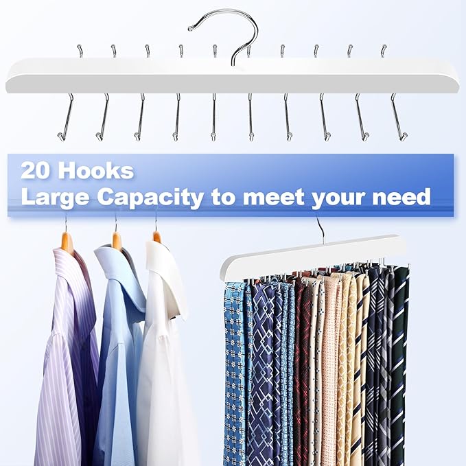 Upgraded Tie Rack Hanger with 20 Foldable Metal Hooks, Space Saving Necktie Organizer for Men – Large Capacity Tie and Belt Wooden Hanger for Closet - White