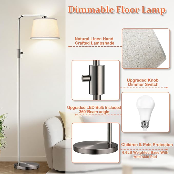 Nintiue 【Upgraded】 Dimmable Floor Lamp, 1000 Lumens LED Edison Bulb Included, Brushed Nickel Arc Floor Lamps for Living Room Modern Standing Lamp Tall Lamps for Living Room Bedroom