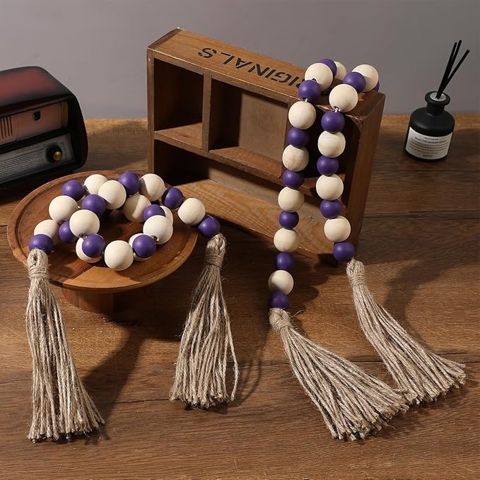 Handcrafted Farmhouse Wooden Decorative Beads Garland - Boho Natural Wood Beads with Tassel for Table Tray Mantel Shelves Decor, Rustic Vintage Garland Beaded Decor for Home & Event (32 Inches)