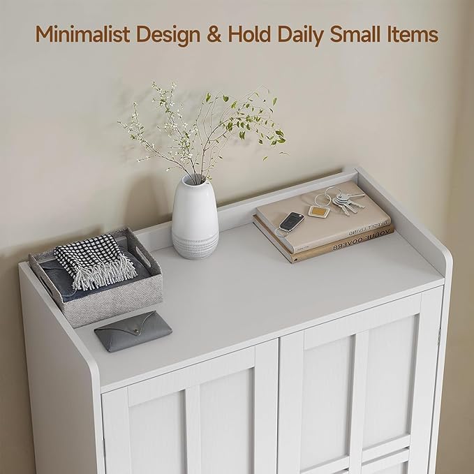 ONBRILL Shoe Storage Cabinet with Cross Molding Doors, 6-Tier Farmhouse Shoe Cabinet with 3 Adjustable Shelves and Metal Legs, 45'' Tall Shoes Rack Organizer Cabinet for Entryway, Front Door, White