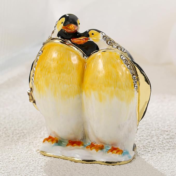 Hand Painted Trinket Box for Home Decor Accents, Enamel Hinged Jewelry Box for Bookshelf Office Table Desk Decoration, Classical Figurine Collectible Keepsake Animal Sculptures (Couple Penguin)