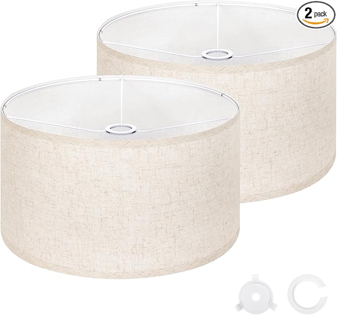 OUTON Beige Lamp shades Set of 2, Large Drum Lamp Shades for Floor Lamps, 16" Top x 16" Bottom x 9" High, Easy to Assemble, Replacement Linen Lampshades for Table Lamps & Bedside Lamps (1.65" Spider)