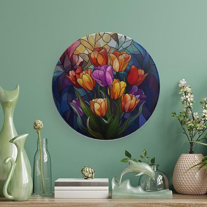 Stained Glass Theme Decorative Ceramic Plate Round Porcelain Plate,8 inch,Tulip Pattern,for Decorative Ornaments Giving Plates, 1 Plate with 1 Display Stand,Multicolor