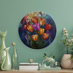 Stained Glass Theme Decorative Ceramic Plate Round Porcelain Plate,6 inch,Tulip Pattern,for Decorative Ornaments Giving Plates, 1 Plate with 1 Display Stand,Multicolor
