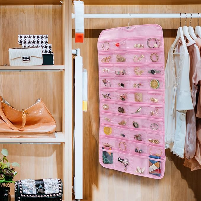 Bloss Valentines Day Gifts for Her,Pink Hanging Jewelry Organizer with 80 Pockets Jewelry Organizers and Storage, Earring Organizer Holder For Jewelry Earring Storage Dating Gifts for Wowen