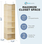 Handy Laundry Hanging Closet Organizer - 6 Shelf Storage for Clothes, Sweaters, Shoes & Accessories - Space-Saving Wardrobe Shelves with Hooks for Dorm, RV & Small Closet Organization (Beige)