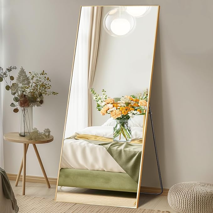 DUMOS 26"x68" Full Length Mirror with Stand, Floor Standing Aluminum Frame, Shatter-Proof Nano Glass for Bedroom, Living Room, Cloakroom – Modern Simple Home Decor,Can Be Hanging or Leaning, Gold