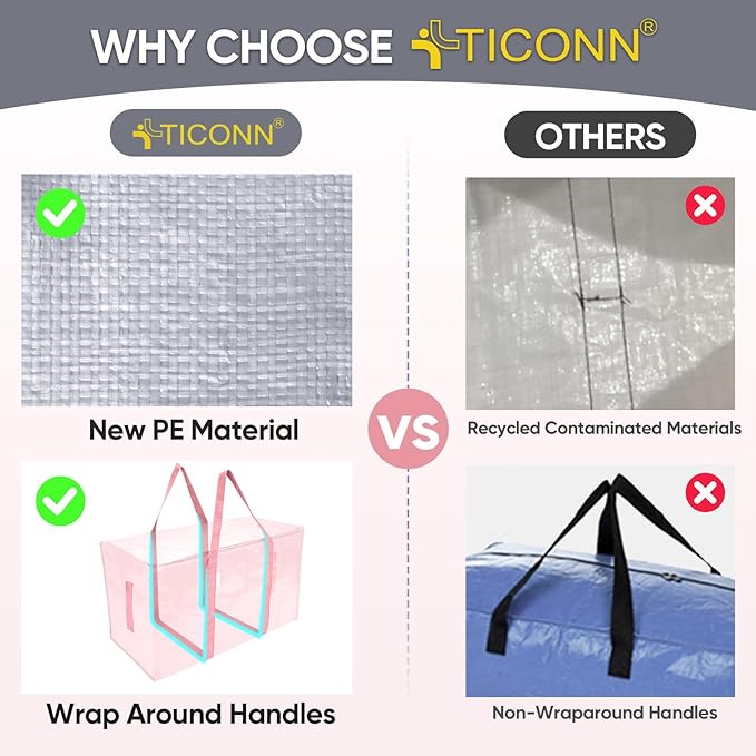 TICONN 4 Pack Extra Large Moving Bags Heavy Duty with Zippers & Carrying Handles, Durable Storage Bags Moving Boxes for Closet Organizers and Storage (4 Pack, Coral)