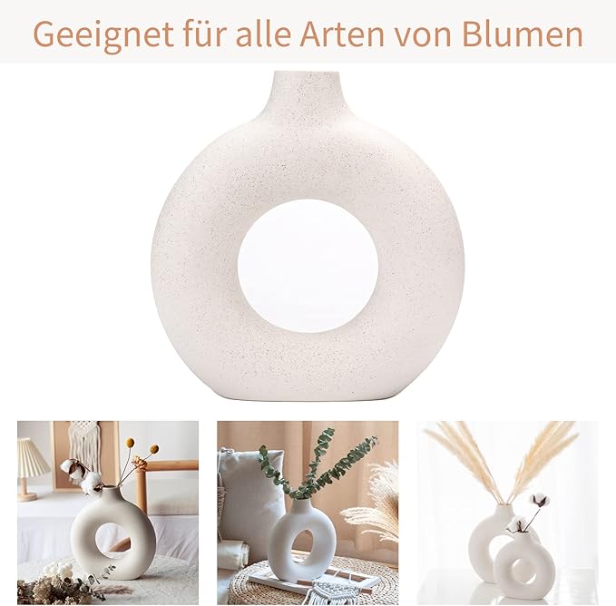 CEMABT White Donut Vase Hollow Ceramic Vase for Flowers Handmade Minimalist Boho ins Style Modern Home Decor for Wedding Dinner Table Party Living Room Office Bedroom(M)