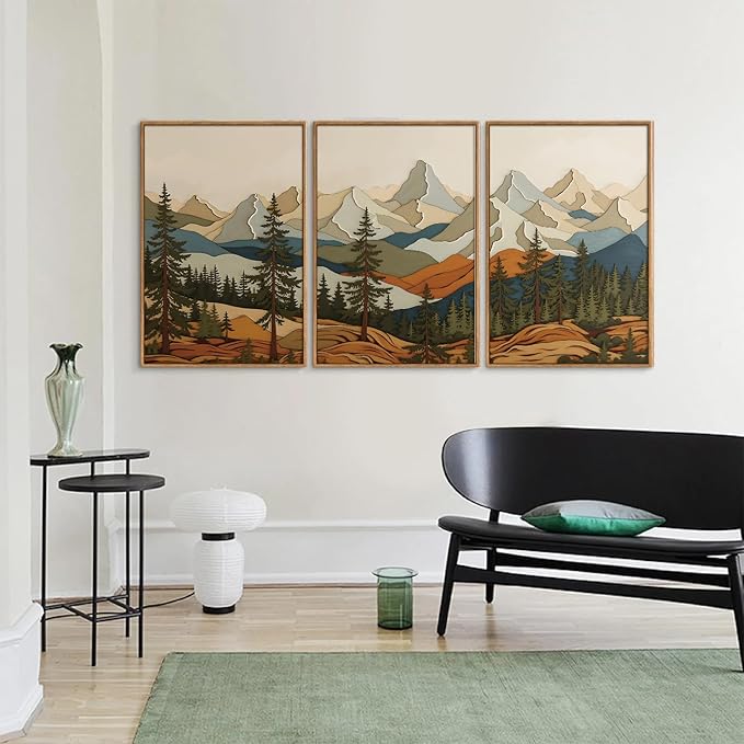 SIGNINART Vintage Mountains Framed Canvas Wall Art, Wooden Forest Wall Decor, Green Wood Pine Trees Wilderness Artwork, Natural Ridge Landscape Art Paintings for Living Room Bedroom Office 24"x36"x3