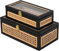 Black Rattan Decorative Storage Boxes with Glass Lids – Set of 2 Ribbed Wood Display Cases with Cane Weave & Solid Base – Nesting Coffee Table Organizer for Boho Chic Home Decor, Keepsakes