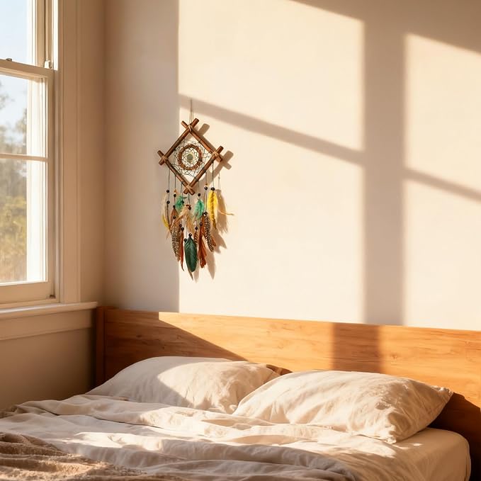 Dream Catcher Native American Boho Dreamcatcher Rattan Wood Wall Decor, Handmade Natural Dream Catchers with Healing Crystal Stone Feathers Ornament Indian Decor for Bedroom Living Room