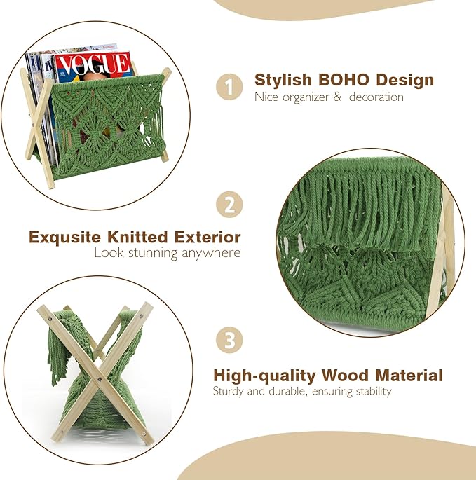 Boho Macrame Magazine Holder,Hand-Woven Magazine Rack for Home Office Desktop, Storage Basket for Letters, Magazines, Books and Newspapers (Green)