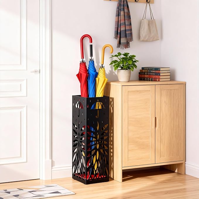 PrecisionAuto Versatile Metal Umbrella Stand for Entryway – Multi-Purpose Storage Rack – Cold-Rolled Steel, Removable Drip Tray & 4 Hooks – Stores Canes, Walking Sticks, Baseball Bats