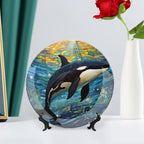 Decorative Plates for Wall Hanging, Underwater Whale Stained Glass Painting Ceramic Plate w/Display Stand, Home Decor for Kitchen Cabinets, Farmhouse Round Tray 8 Inch, Gift for Whale Lover