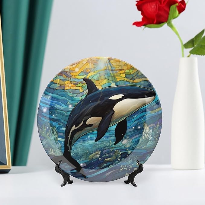 Decorative Plates for Wall Hanging, Underwater Whale Stained Glass Painting Ceramic Plate w/Display Stand, Home Decor for Kitchen Cabinets, Farmhouse Round Tray 8 Inch, Gift for Whale Lover