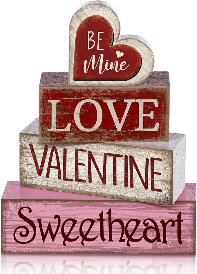 Lineshading 4 Pcs Valentine Table Decoration Wooden Be Mine Heart Decor Valentine Day Tiered Tray Decor Valentine's Day Centerpiece Red Pink White Heart Block Signs Gift for Farmhouse Home Kitchen