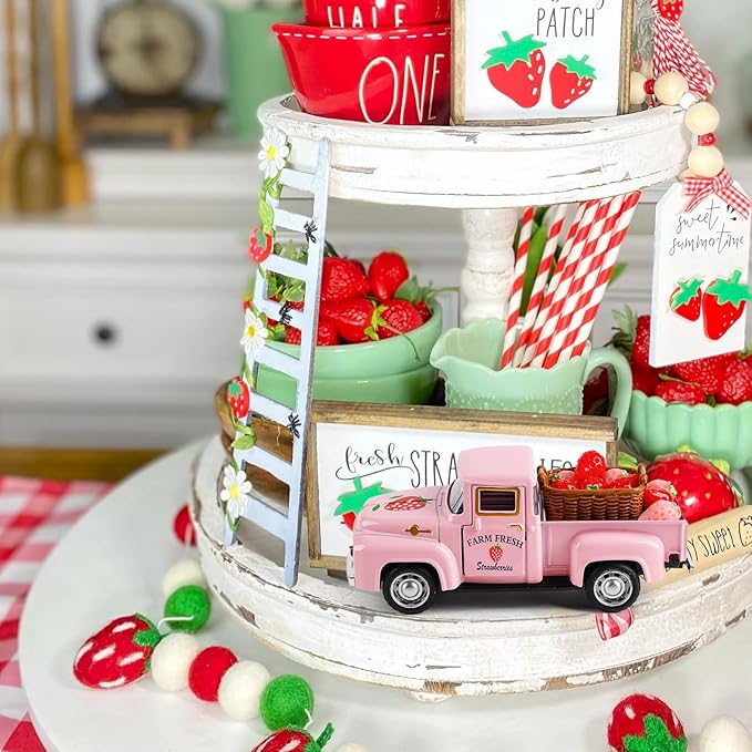 Strawberry Truck Decor, Pink Pickup Truck with Fake Strawberries, Rustic Farmhouse Tiered Tray Decor, Spring Country Kitchen Decorations for Home Office