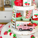 Strawberry Truck Decor, Pink Pickup Truck with Fake Strawberries, Rustic Farmhouse Tiered Tray Decor, Spring Country Kitchen Decorations for Home Office