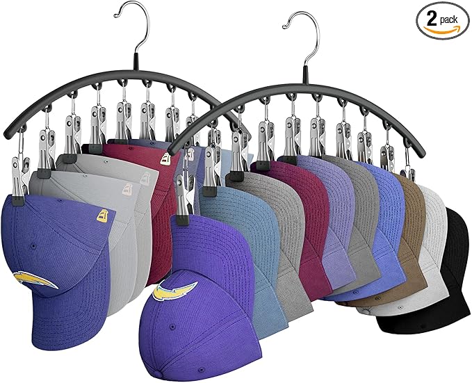 Hat Hangers for Closet, Metal Hats Organizer Racks for Base Ball Caps 2 Pack Door Hats Racks for Baseball Cap with 10 Large Clips, Baseball Hat Holder for Closet Storage, Fits All Cap-Black