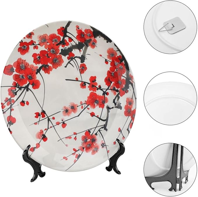 Japanese Spring Theme Decorative Ceramic Plate Round Porcelain Plate,Plum Tree Blossoms Pattern,for Decorative Ornaments Giving Plates, 1 Plate with 1 Display Stand,Red Beige,7 inch