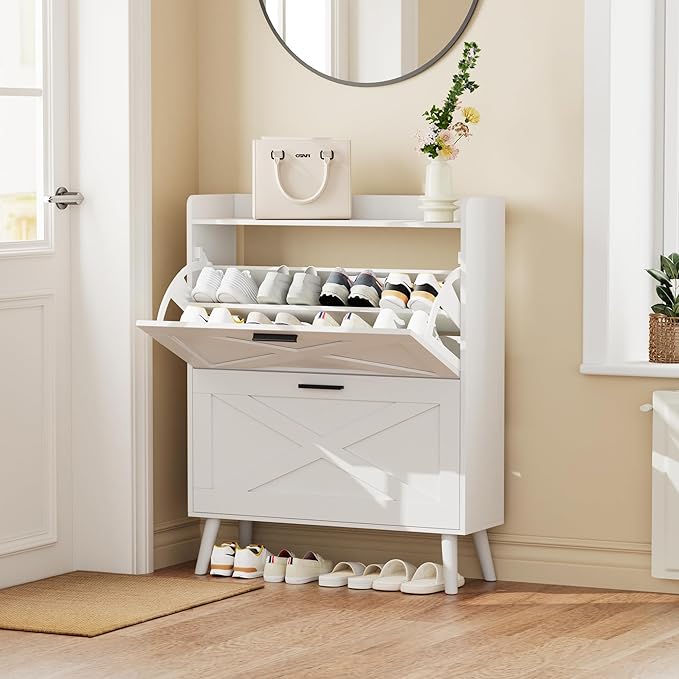 32" W Farmhouse Shoe Storage Cabinet with 2 Flip Drawers and Barn Door Design, Adjustable Shelves, Modern Hidden Slim Narrow Shoe Rack Cabinet for Entryway, Foyer, Hallway, Living Room, White