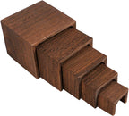 MOOCA 5-Piece Wooden Jewelry Display Risers - Multi-Function Retail Stands for Rings, Watches, Necklaces, Bracelets, and More - Various Heights, Brown Color