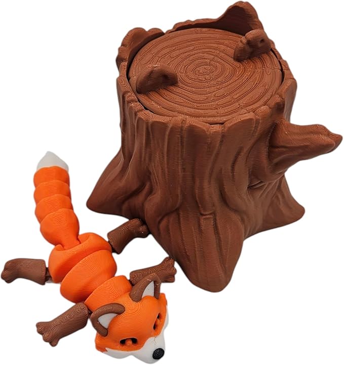 Articulating Animals Raccoon, Fox, Panda, Skunk, Possum with Containers - 3D Printed Articulated Joints ADHD, Autism, Relief Anxiety, Collectible Figurines (Fox Tree Stump)