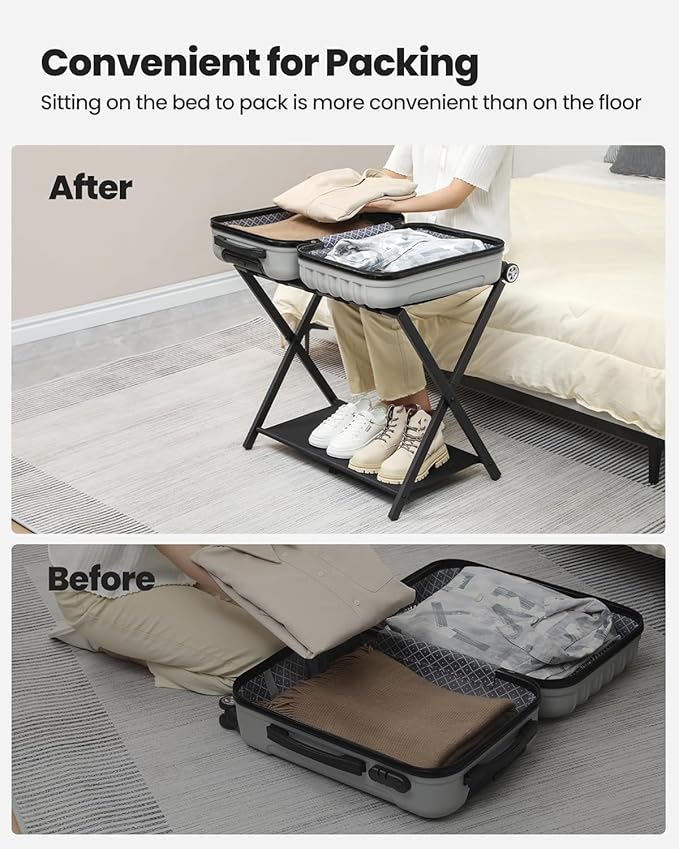 Luggage Rack, Folding Suitcase Stand for Guest, Foldable, Luggage Holders with Shelf, Steel Frame with Nylon Straps for Bedroom, Hotel, Holds up to 154 lb, Black, 1 Pack LR03801B