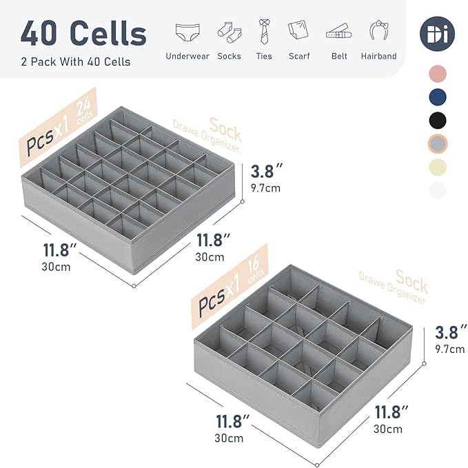 Joyoldelf Sock Drawer Underwear Organizer Divider 2 Packs, 24 Cell + 16 Cell for Storing Socks, Handkerchiefs, Ties, Belts (Grey)